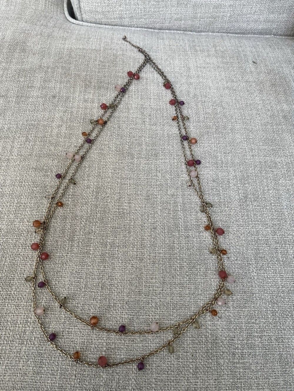 Bohemian Double Strand Long Beaded Multicolor Necklace Gold Tone Chain 36 In